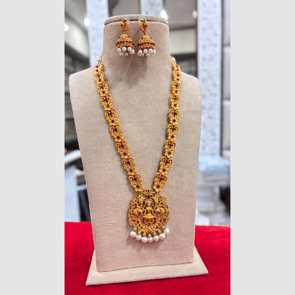 Jewel Addiction Gold Plated Pota Stone And Pearls Temple Long Necklace Set