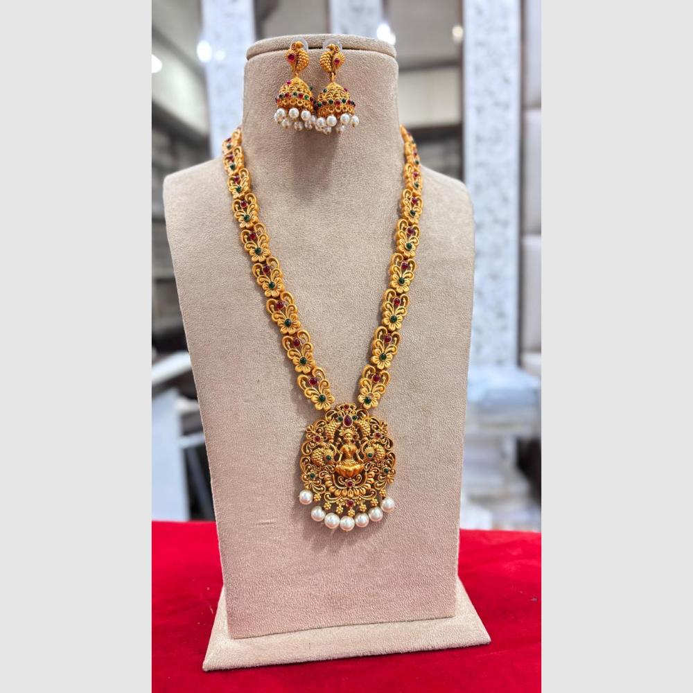 Jewel Addiction Gold Plated Pota Stone And Pearls Temple Long Necklace Set