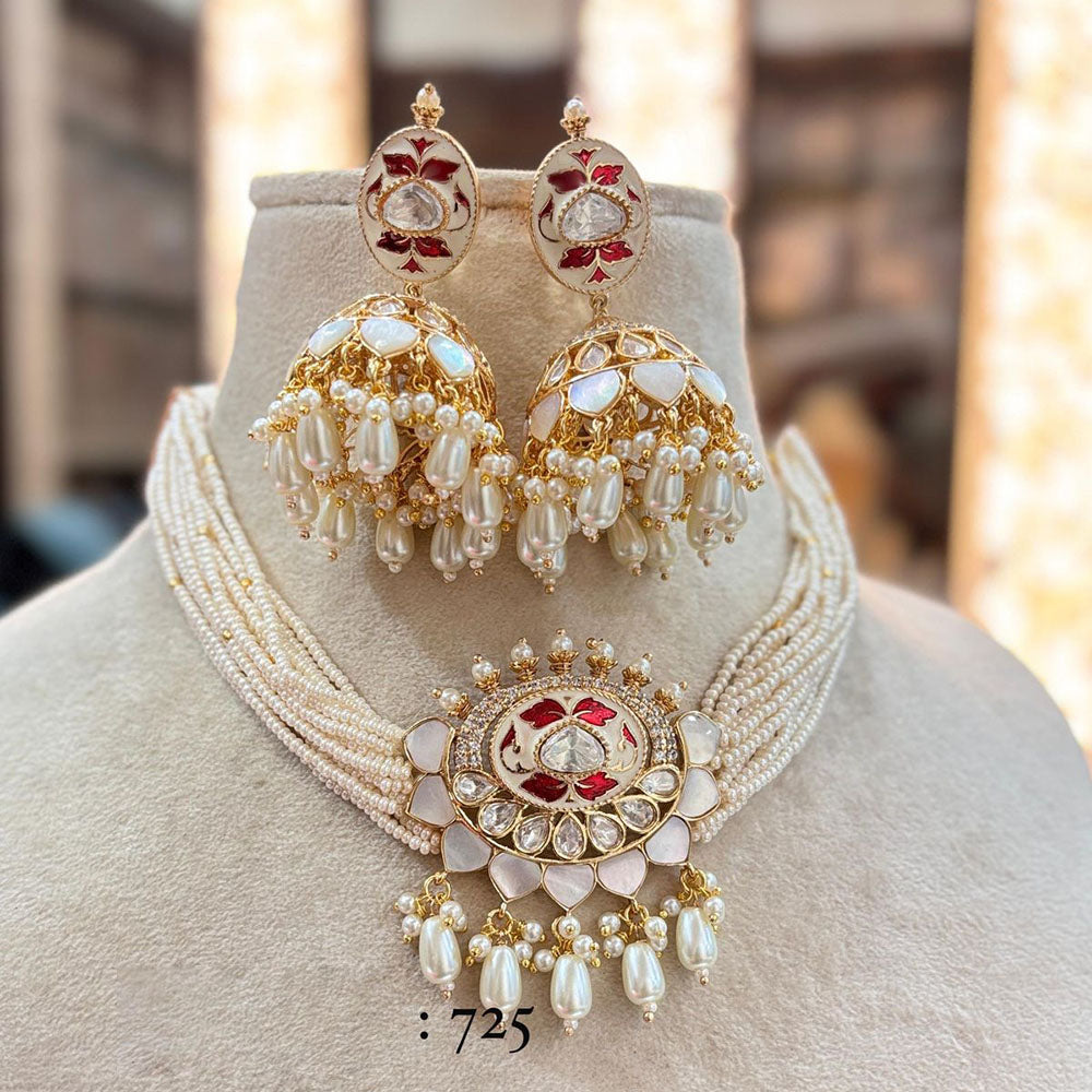 Jewel Addiction Gold Plated Polki Kundan Stone And Pearls Meenakari Choker Necklace Set