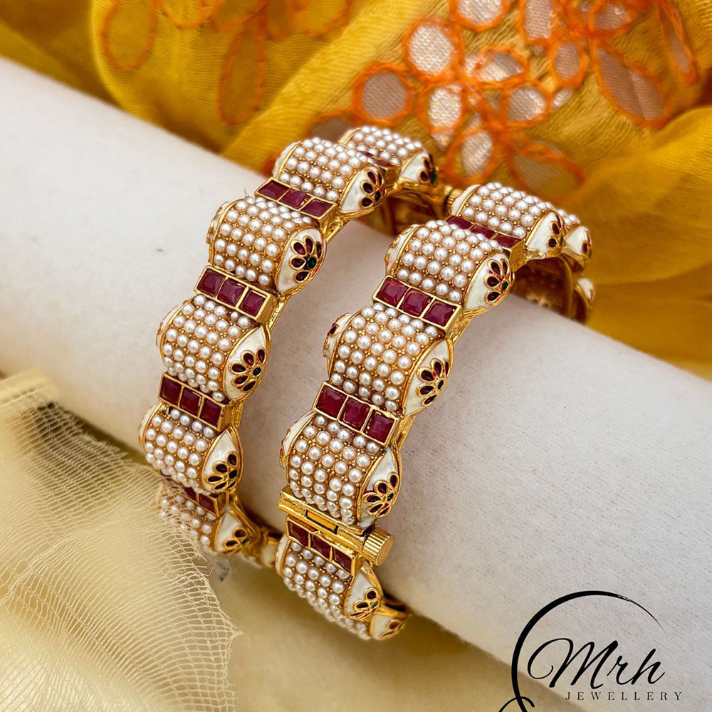 Jewel Addiction Gold Plated Pota Stone Pearls Meenakari Openable Bangles Set