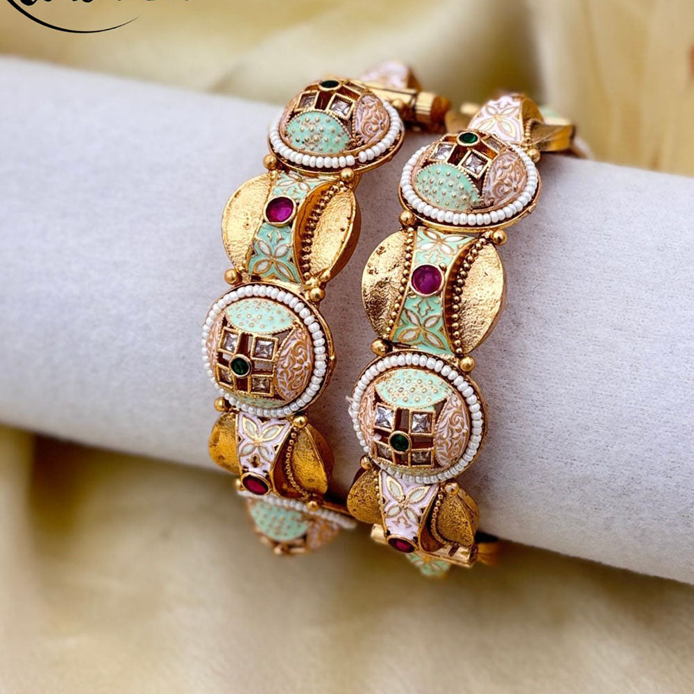 Jewel Addiction Gold Plated Pota Stone Pearls Meenakari Openable Bangles Set