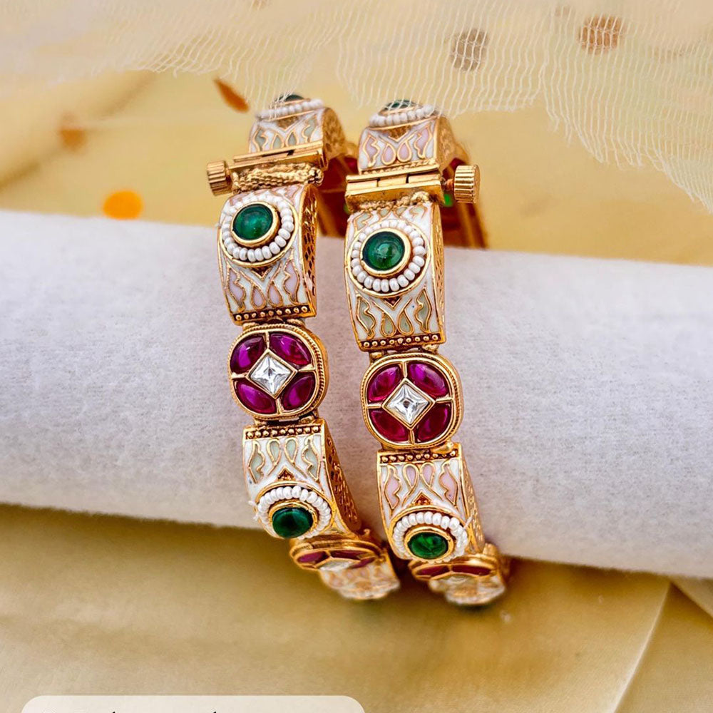 Jewel Addiction Gold Plated Pota Stone Pearls Meenakari Openable Bangles Set