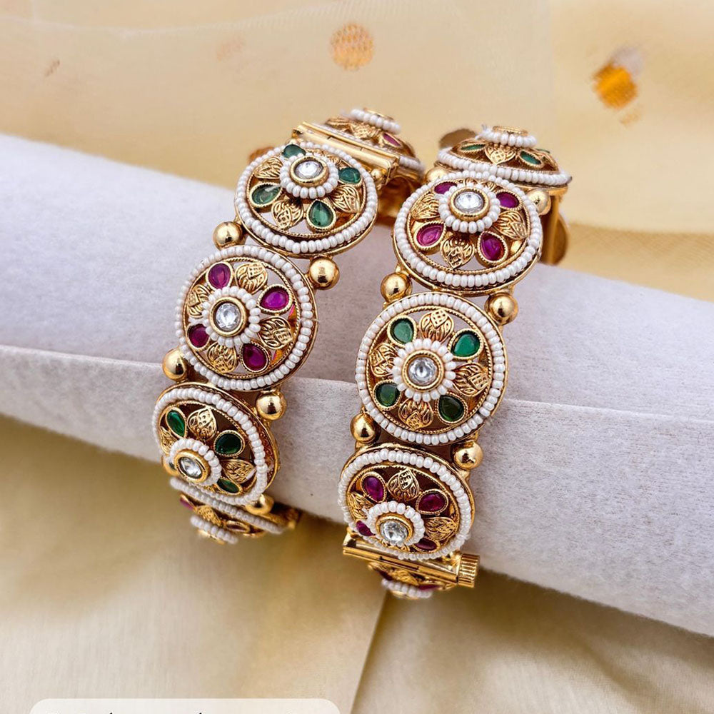 Jewel Addiction Gold Plated Pota Stone Pearls Openable Bangles Set