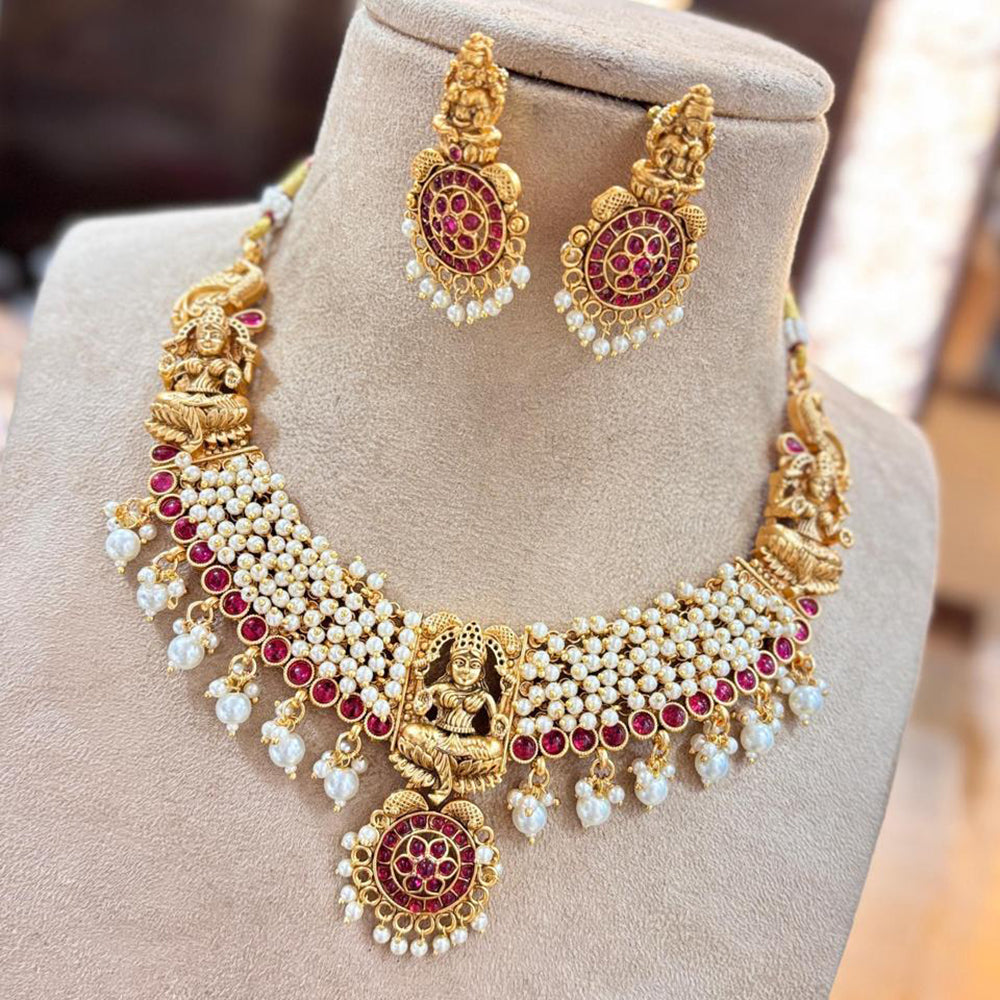 Jewel Addiction Copper Gold Pota Stone And Pearls Temple Necklace Set