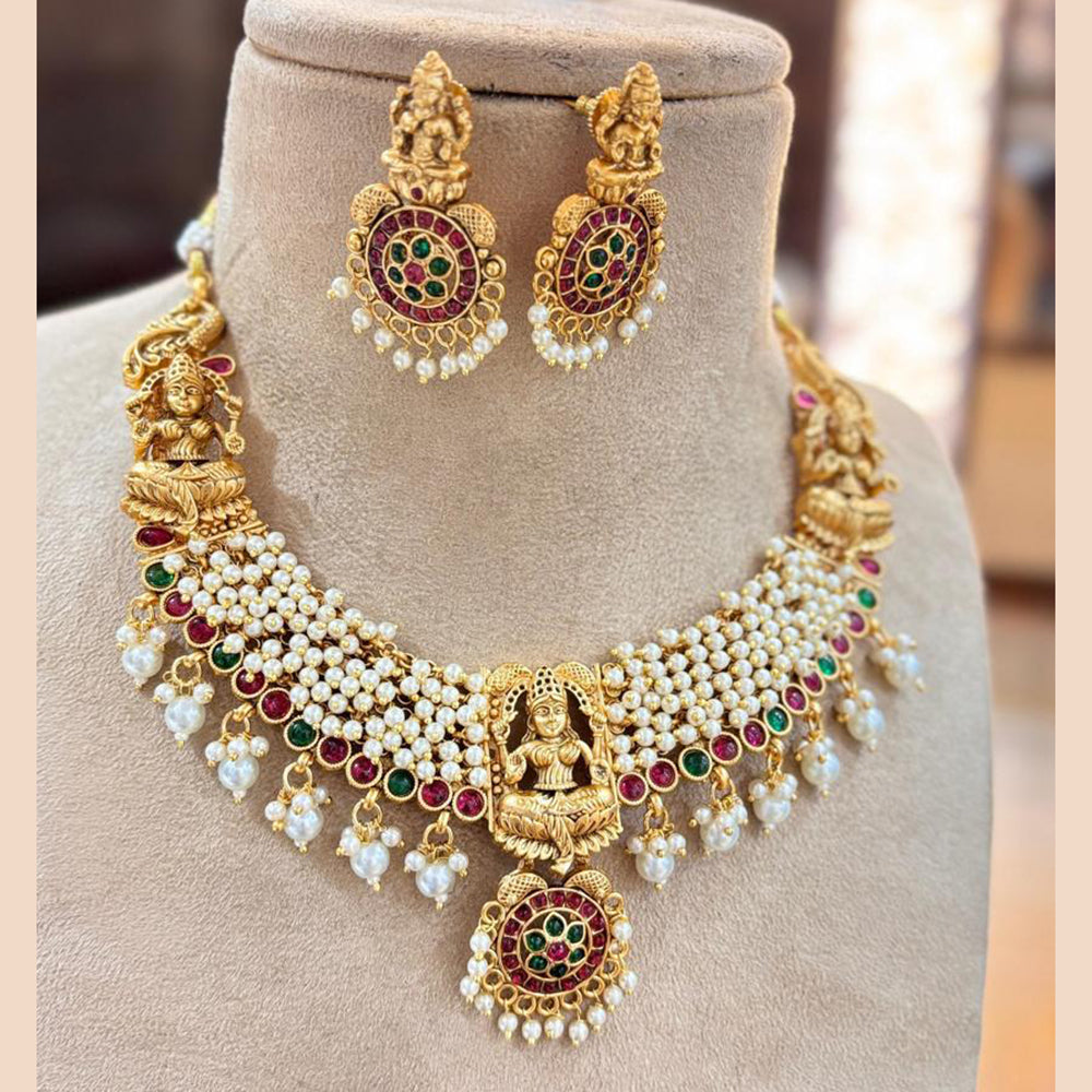 Jewel Addiction Copper Gold Pota Stone And Pearls Temple Necklace Set