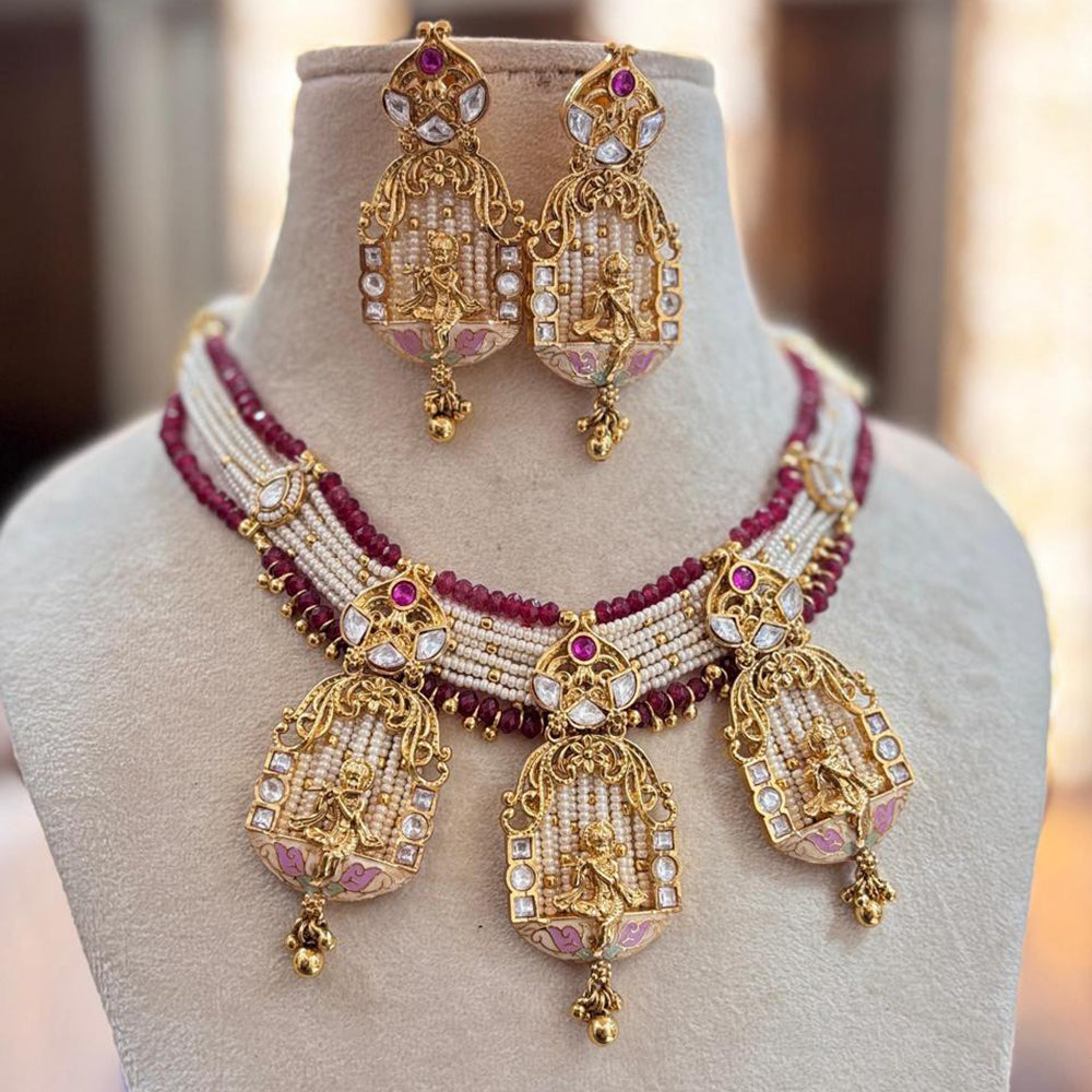 Jewel Addiction Copper Gold Pota Stone And Pearls Meenakari Temple Necklace Set