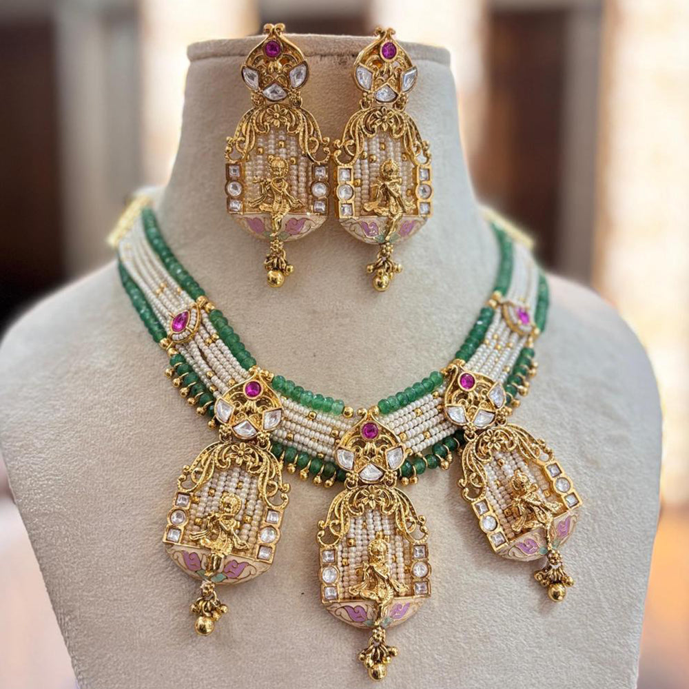Jewel Addiction Copper Gold Pota Stone And Pearls Meenakari Temple Necklace Set