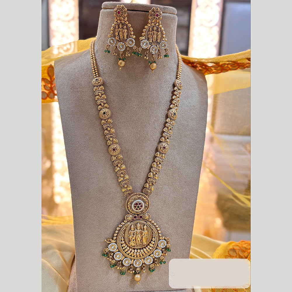 Jewel Addiction Gold Plated Pota Stone And Pearls Temple Long Necklace Set