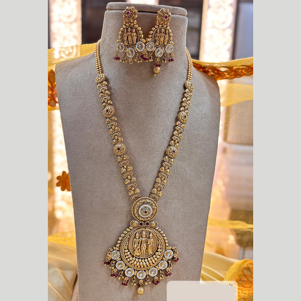 Jewel Addiction Gold Plated Pota Stone And Pearls Temple Long Necklace Set