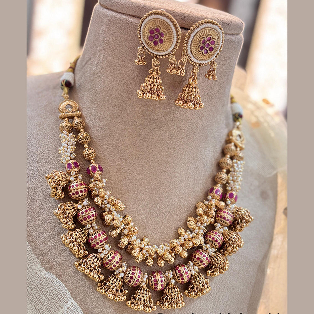 Jewel Addiction Elegant Gold Plated Pota And Pearl Necklace Set