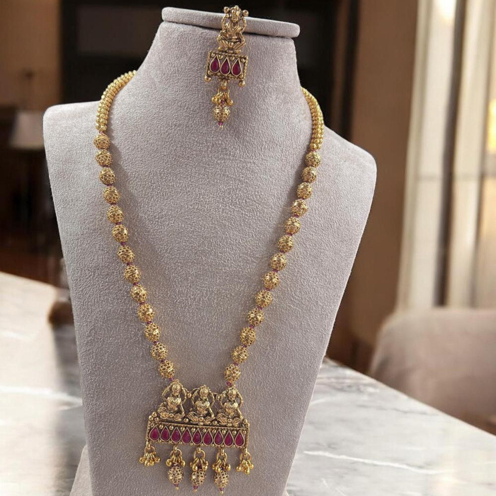 Jewel Addiction Antique Gold Plated Pota Stone for Brides & Festivals Temple Long Necklace Set