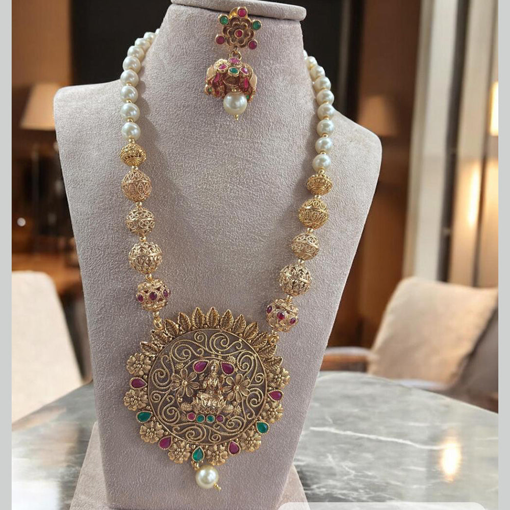 Jewel Addiction Antique Gold Plated Pota Stone for Brides & Festivals Temple Long Necklace Set