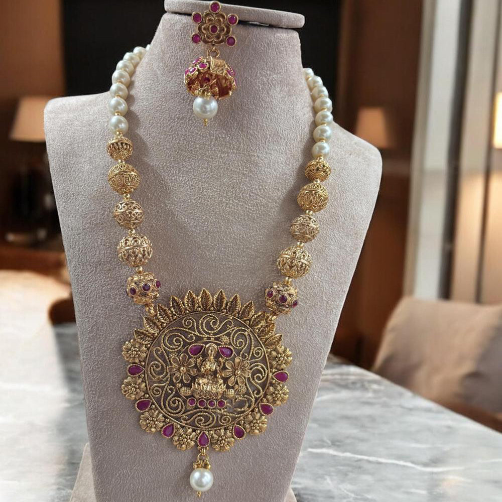 Jewel Addiction Antique Gold Plated Pota Stone for Brides & Festivals Temple Long Necklace Set
