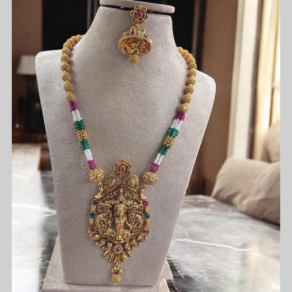 Jewel Addiction Antique Gold Plated Pota Stone for Brides & Festivals Temple Long Necklace Set
