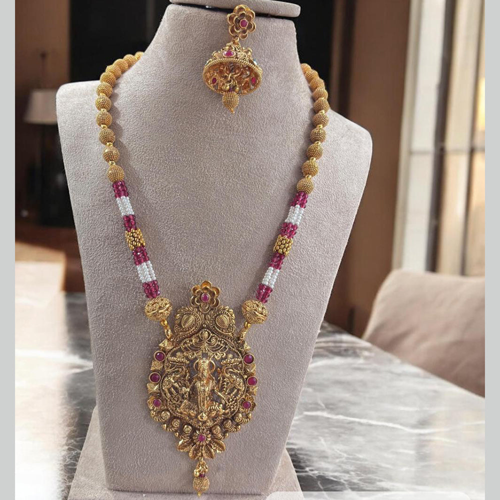Jewel Addiction Antique Gold Plated Pota Stone for Brides & Festivals Temple Long Necklace Set