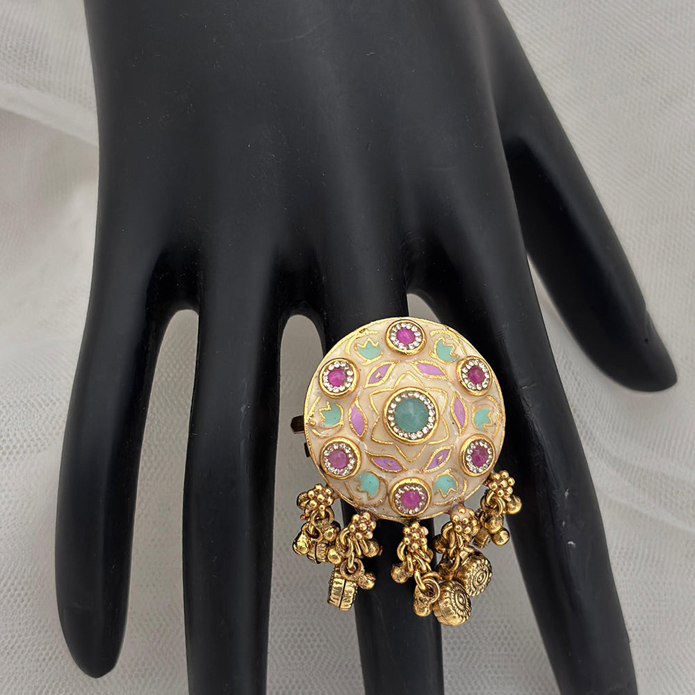 Jewel Addiction Gold Plated Pota Stone And Pearl Meenakari Ring