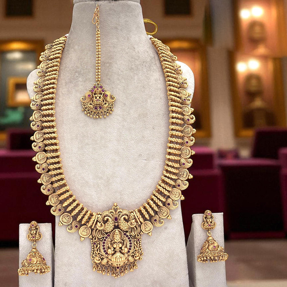 Jewel Addiction Divine Grace Gold Plated Pota Stone And Pearls Temple Long Necklace Set