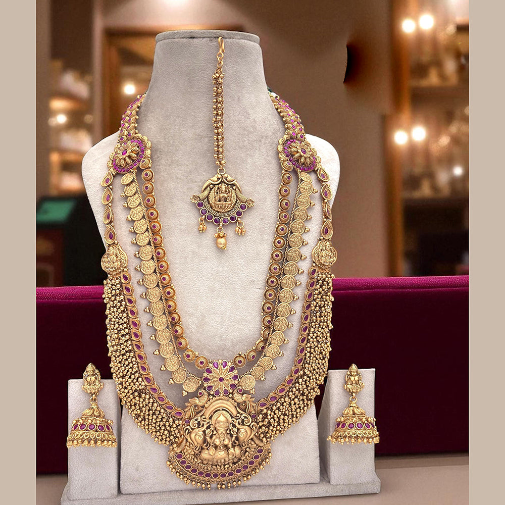 Jewel Addiction Heritage Inspired Gold Plated Pota Stone And Pearls Temple Long Necklace Set