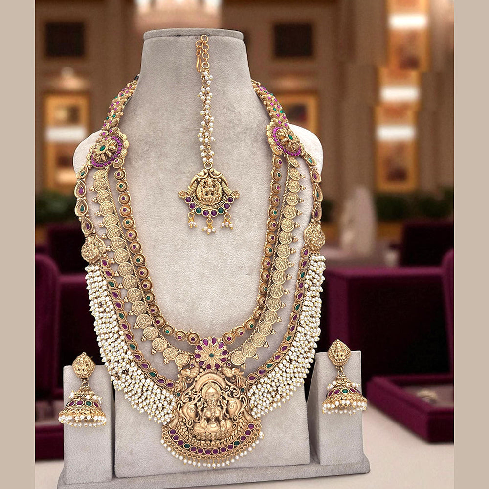 Jewel Addiction Heritage Inspired Gold Plated Pota Stone And Pearls Temple Long Necklace Set