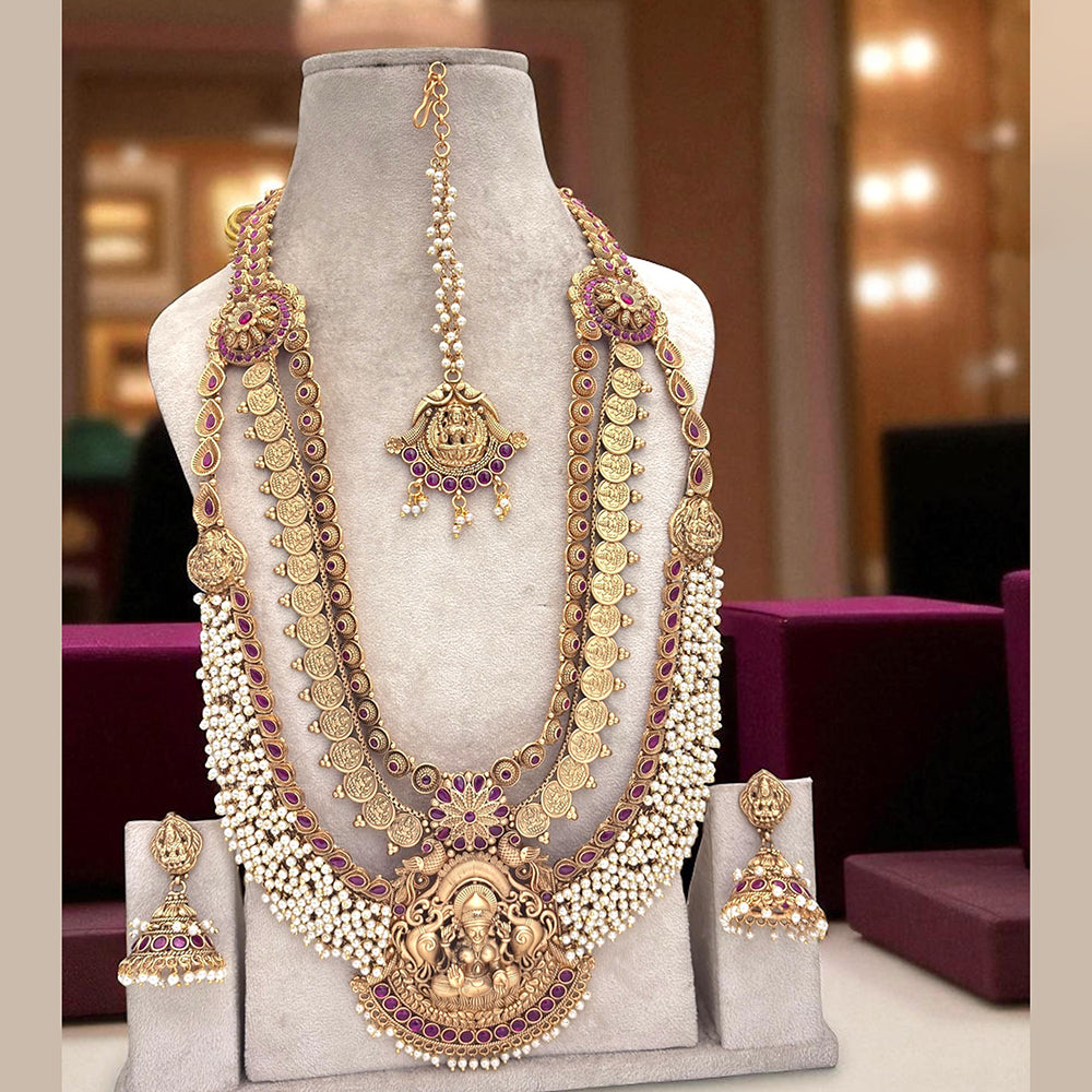 Jewel Addiction Heritage Inspired Gold Plated Pota Stone And Pearls Temple Long Necklace Set