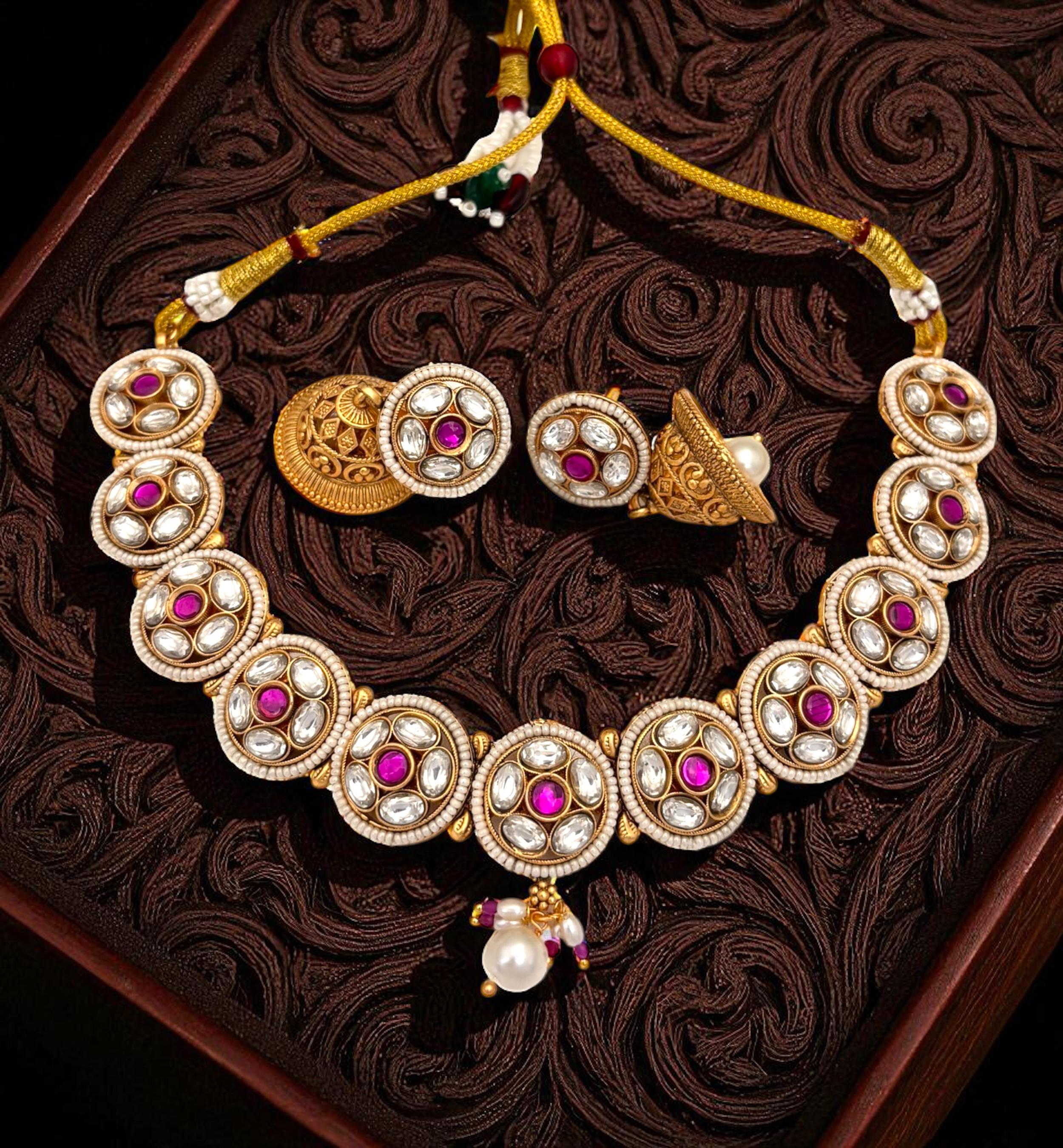Jewel Addiction Beautiful Gold Plated Kundan And Pearl Choker Necklace Set