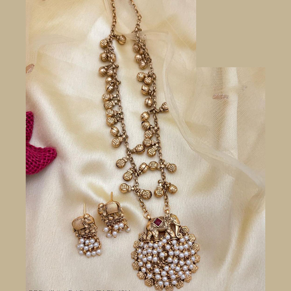 Jewel Addiction Traditional Pota Stone And Pearl Long Necklace Set With Elephant Motif