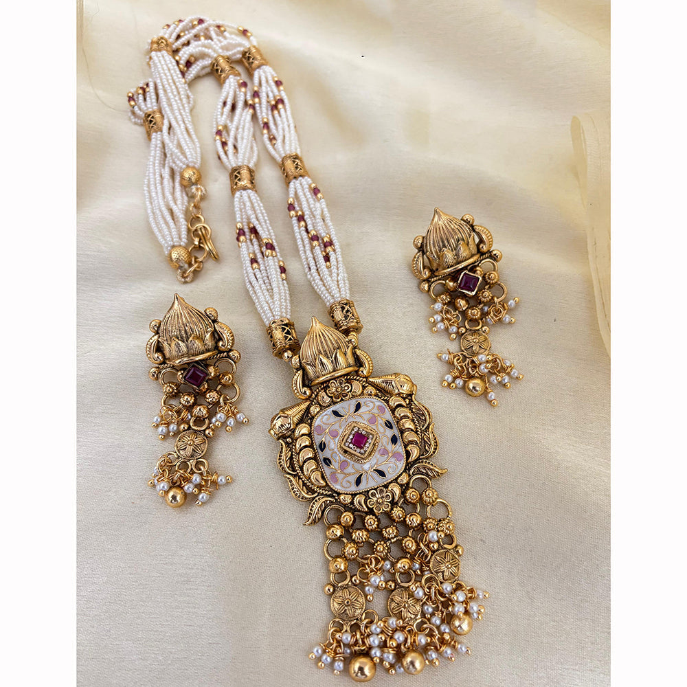 Jewel Addiction Designer Pota Stone And Pearl Meenakari Long Necklace Set