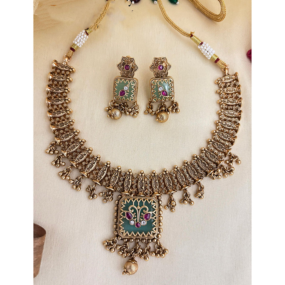 Jewel Addiction Inspired Antique Finish Pota Stone And Pearl Necklace Set