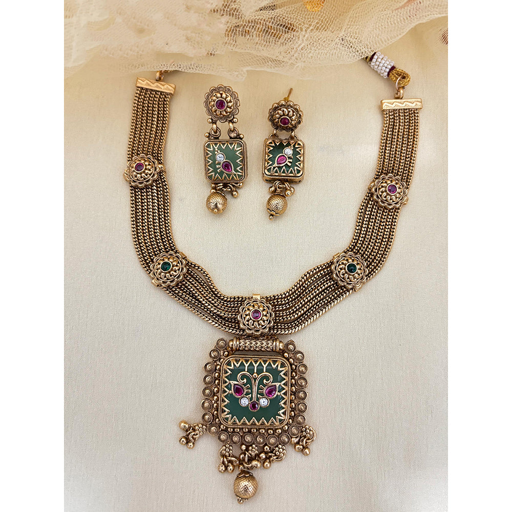 Jewel Addiction Inspired Antique Finish Pota Stone And Pearl Necklace Set