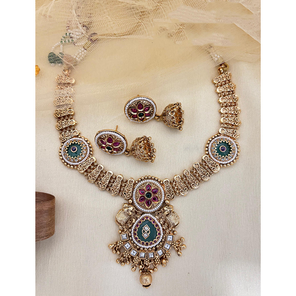 Jewel Addiction Inspired Antique Finish Pota Stone And Pearl Necklace Set