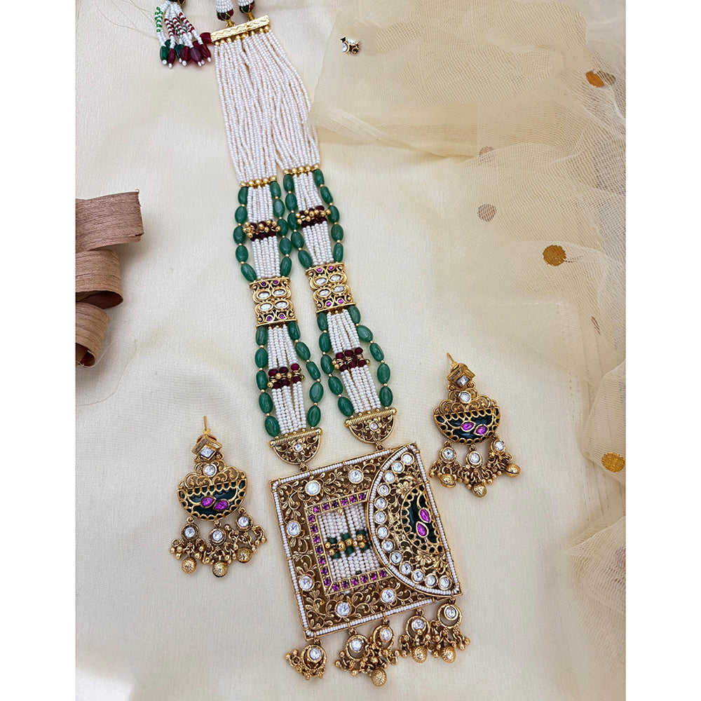 Jewel Addiction Inspired Antique Finish Pota Stone And Pearl Long Necklace Set