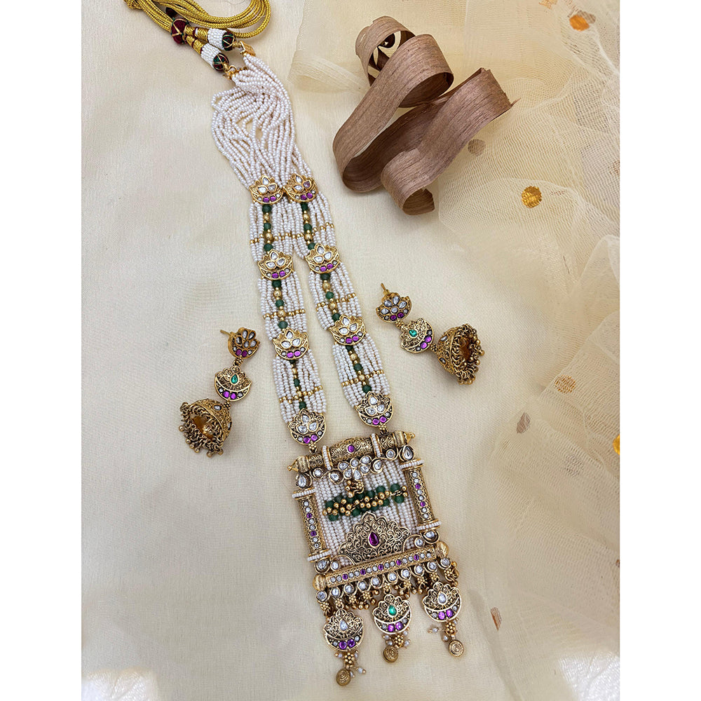 Jewel Addiction Inspired Antique Finish Pota Stone And Pearl Long Necklace Set