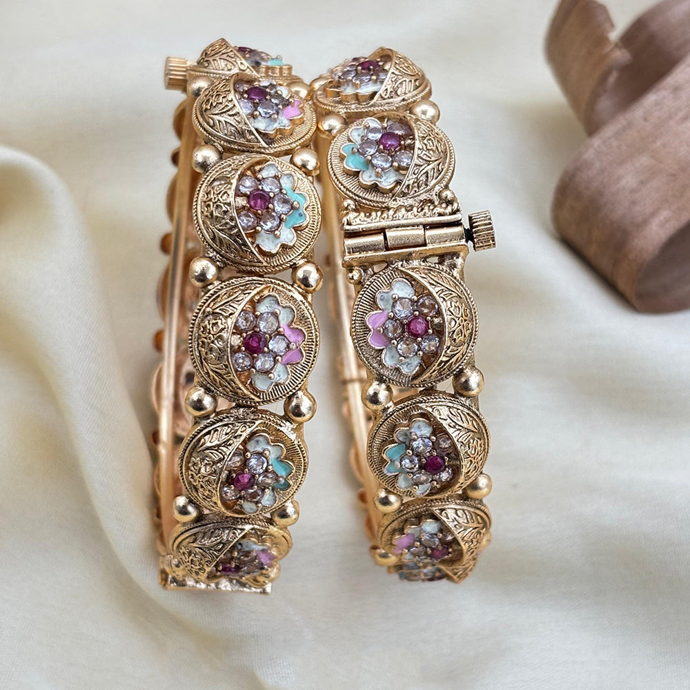 Jewel Addiction Classic Pota Stone And Meenakari Openable Bangles Set