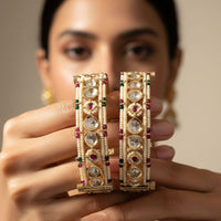 Jewel Addiction Luxury Look Polki Kundan Pearl Openable Bangles Set