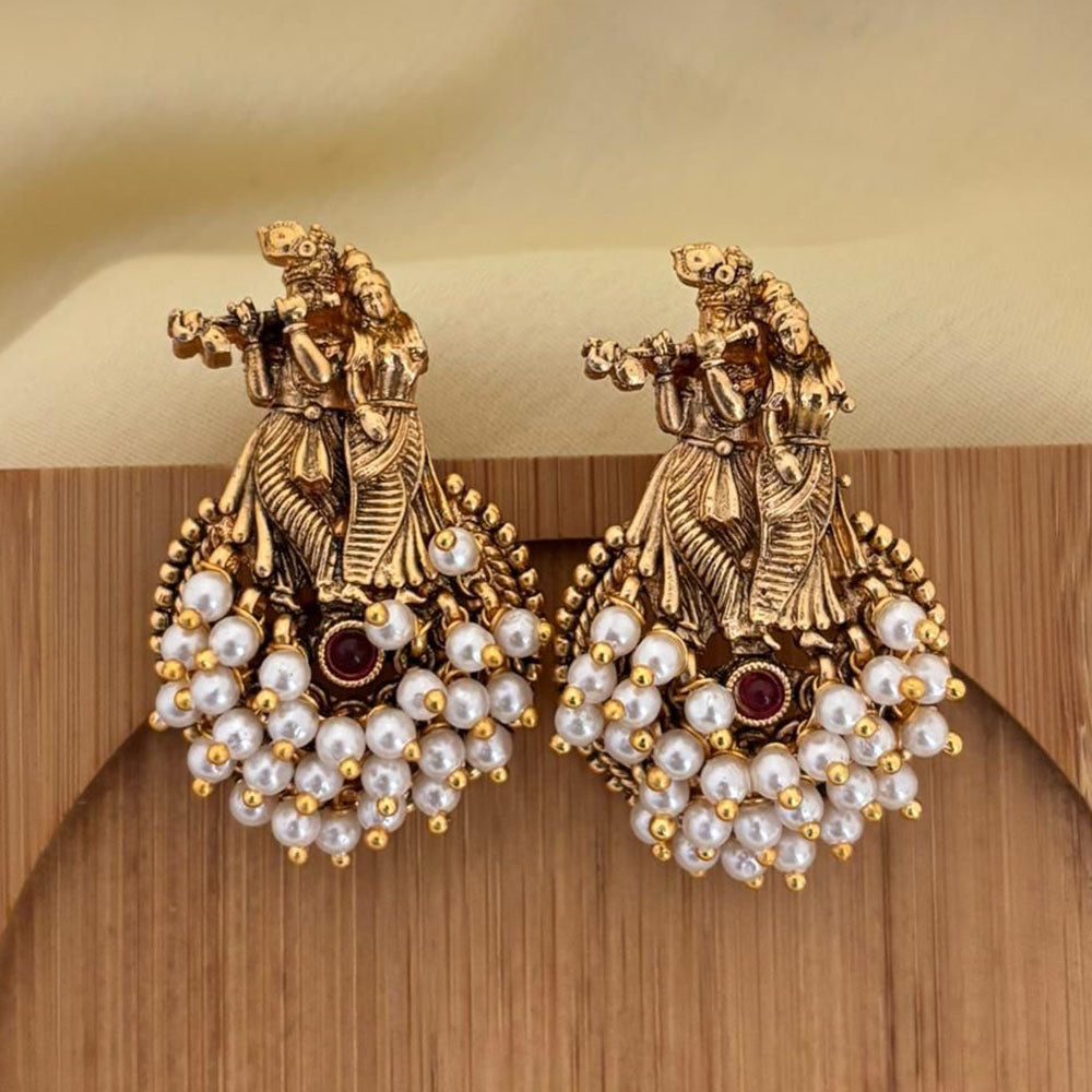 Jewel Addiction Traditional Temple Style Pota Stone And Pearl Dangler Earrings