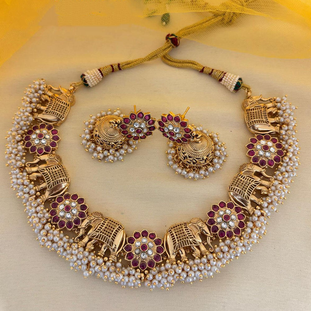 Jewel Addiction Ethnic Designer Pota Stone And Pearl Elephant Necklace Set