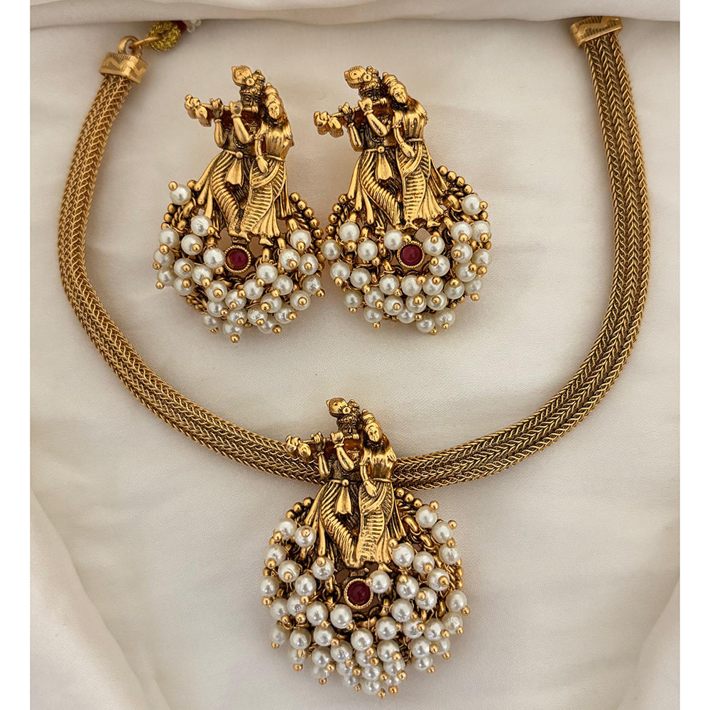 Jewel Addiction Ethnic Pota Stone And Pearl Temple Necklace Set