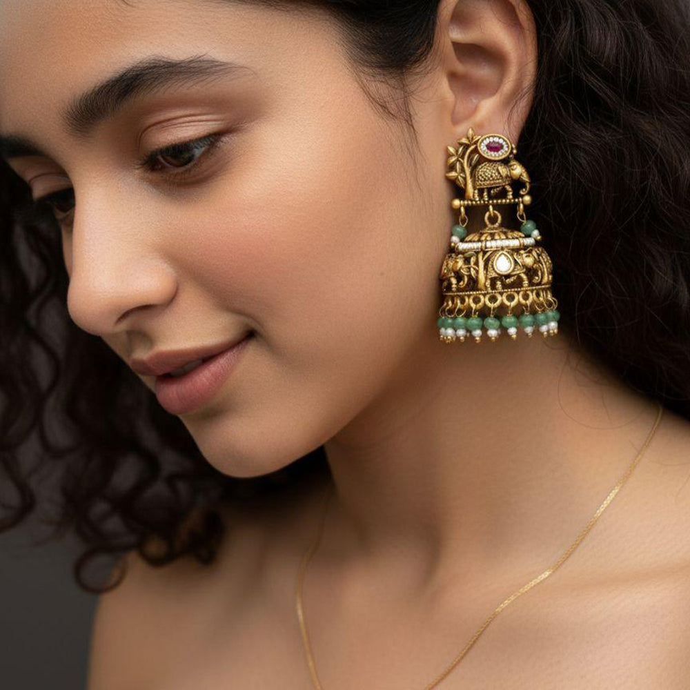 Jewel Addiction Designer Pota Stone And Pearl Elephant Jhumki Earrings