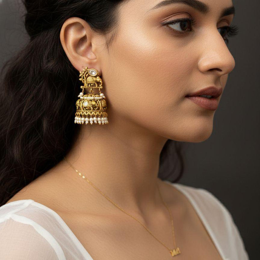 Jewel Addiction Designer Pota Stone And Pearl Elephant Jhumki Earrings