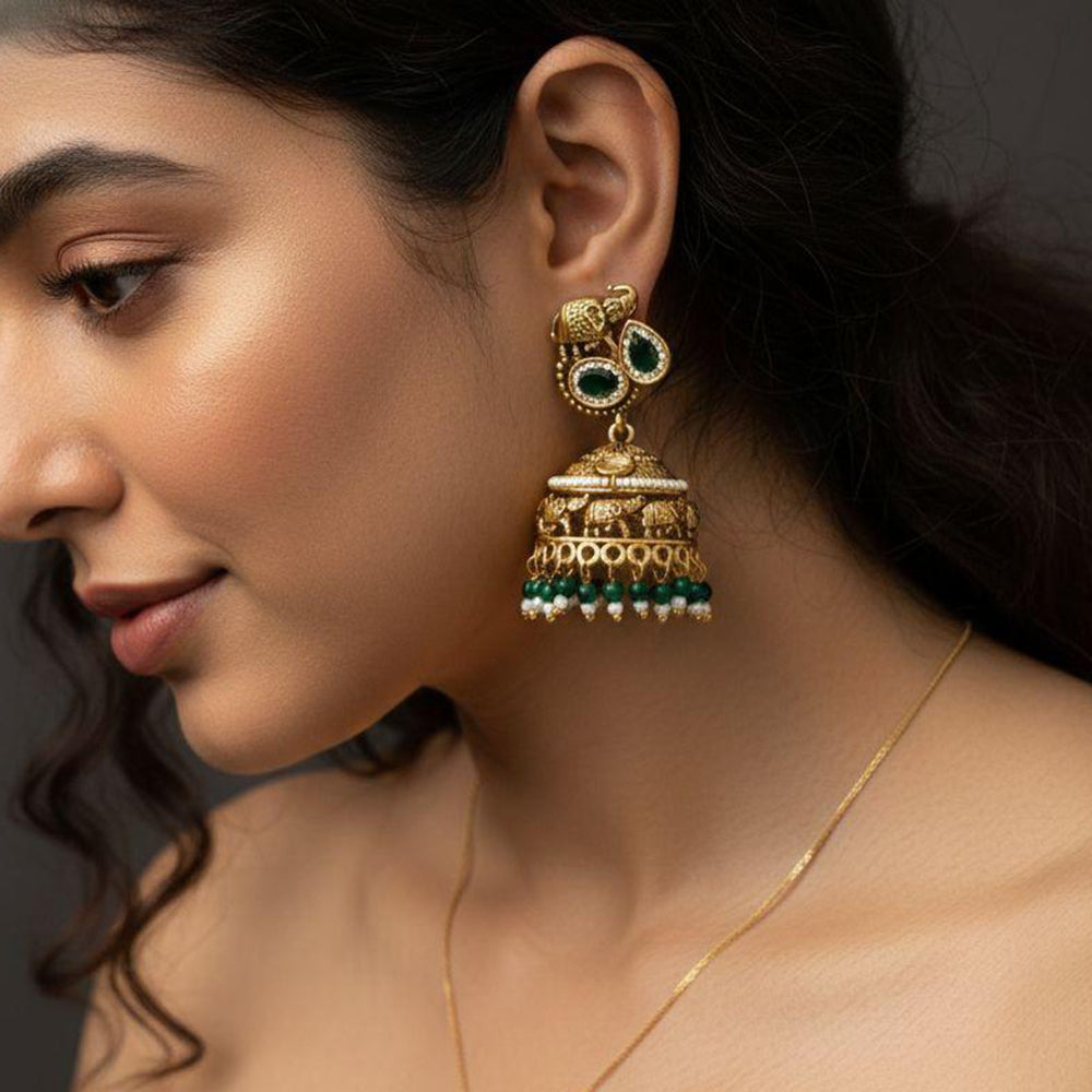 Jewel Addiction Designer Pota Stone And Pearl Elephant Jhumki Earrings