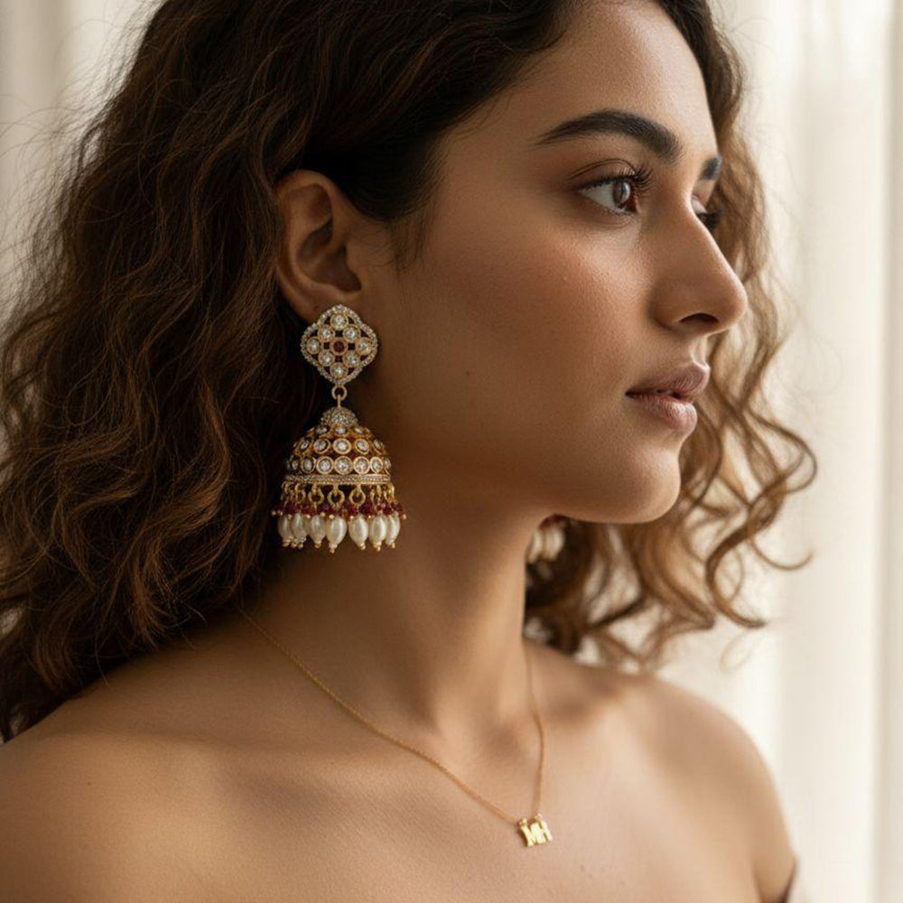 Jewel Addiction Ethnic Polki Kundan Stone Beads And Pearl  Designer Jhumki Earrings