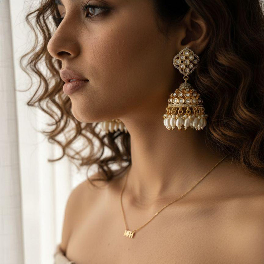 Jewel Addiction Ethnic Polki Kundan Stone Beads And Pearl  Designer Jhumki Earrings