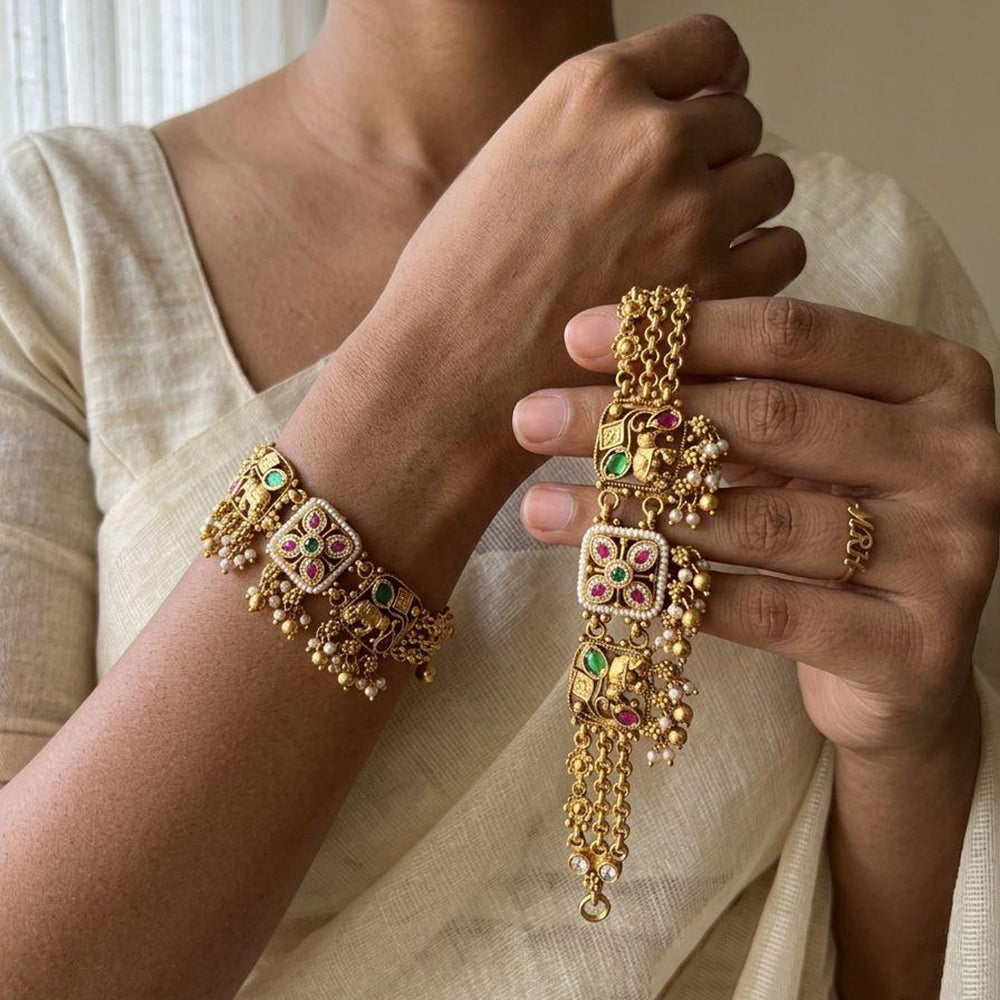 Jewel Addiction Heritage Style Pota Stone And Pearl Adjustable Bracelet