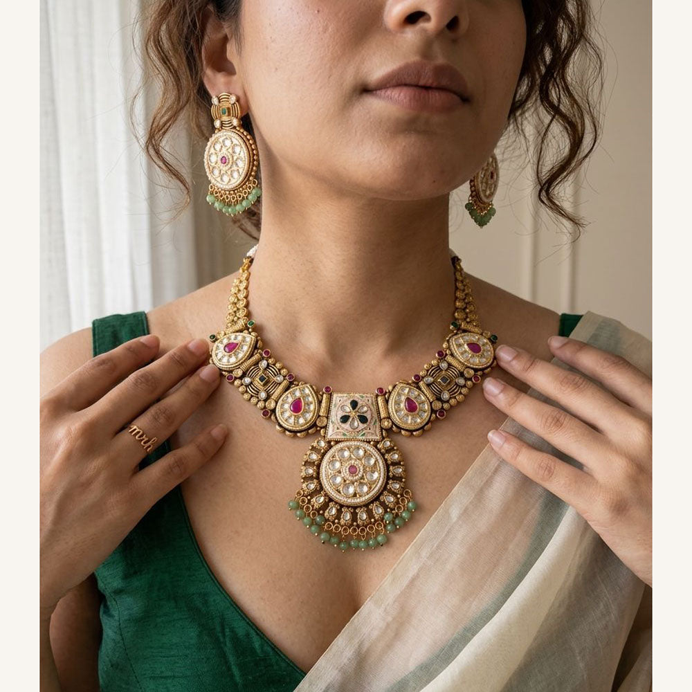 Jewel Addiction Luxury Pota Stone And Pearl Meenakari Necklace Set