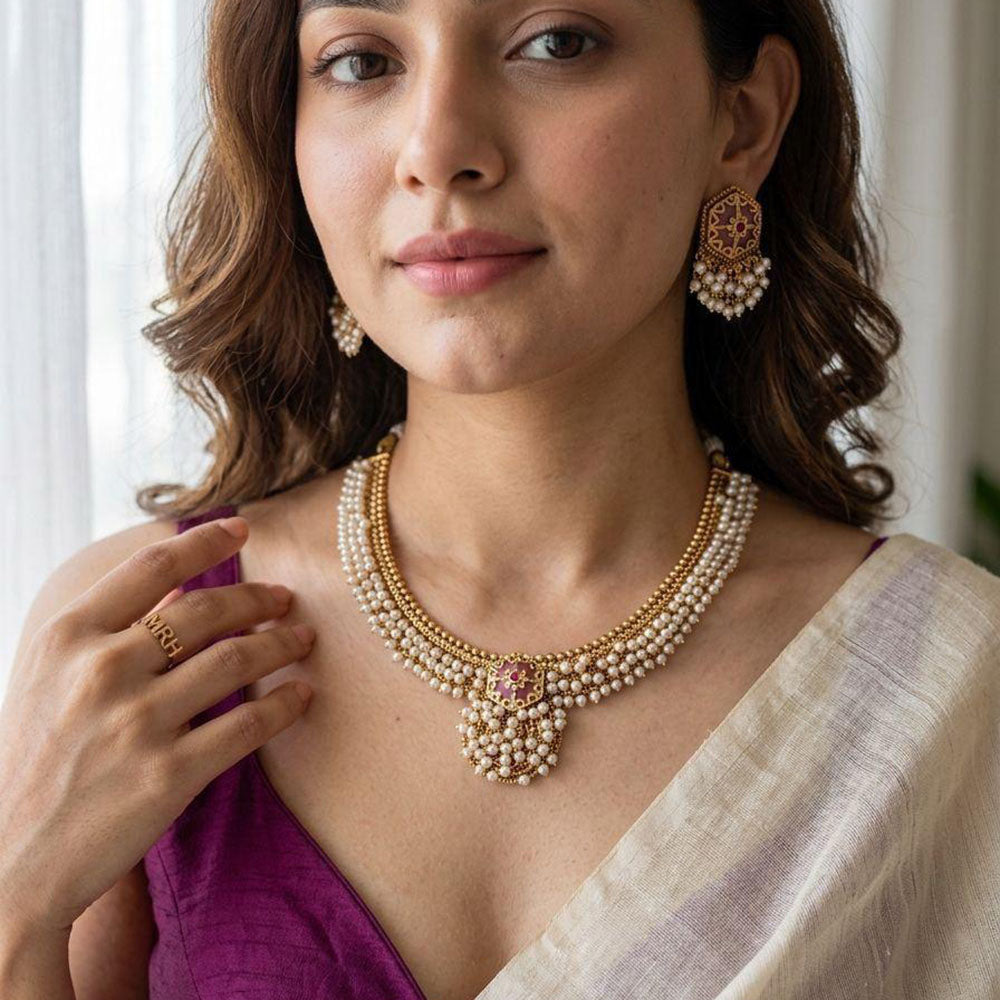 Jewel Addiction Elegance Pota Stone And Pearl Necklace Set
