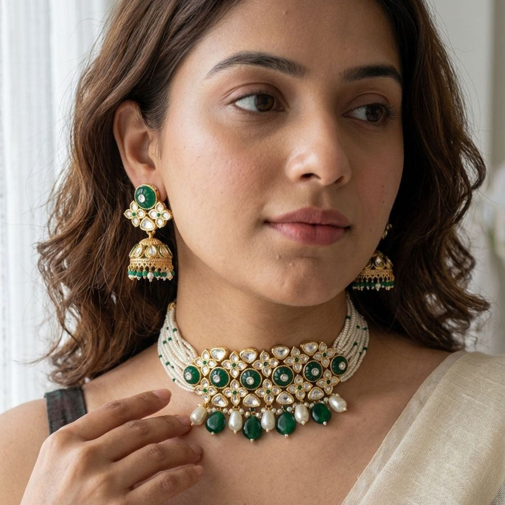 Jewel Addiction Heavy Look Kundan Stone And Beaded Choker Necklace Set