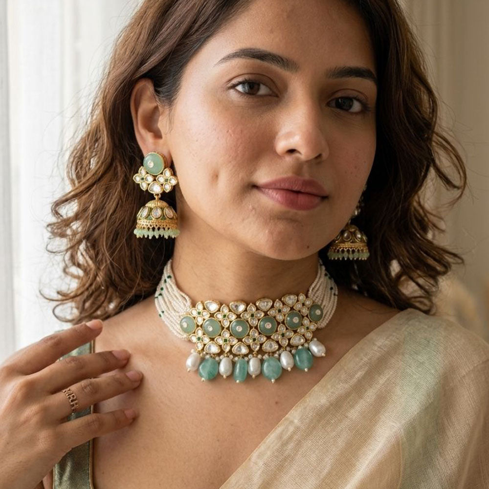 Jewel Addiction Heavy Look Kundan Stone And Beaded Choker Necklace Set
