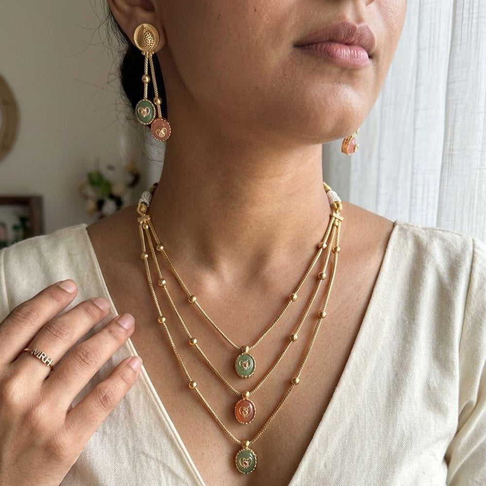 Jewel Addiction Ethnic Pota Stone And Pearl Triple Layer Necklace Set