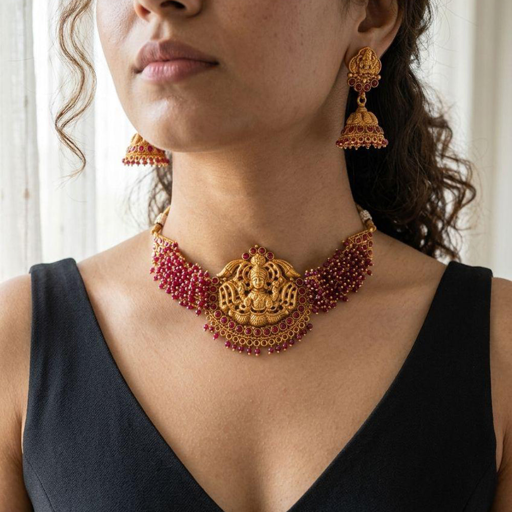 Jewel Addiction Traditional Pota Stone Temple And Pearl Choker Necklace Set
