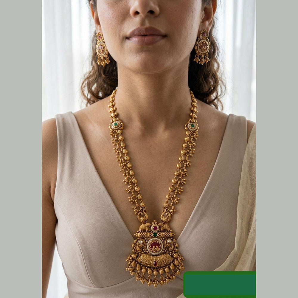 Jewel Addiction Ethnic Pota Stone And Pearl Long Necklace Set